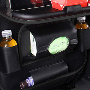 Car Back Seat Organizer with Foldable Tray Table – PU Leather Car Seat Protector & Storage Bag