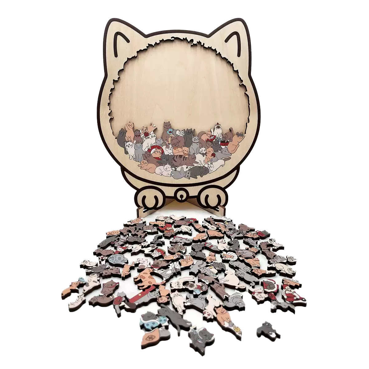 Cat-Shaped Wooden Puzzle 135 Pieces β Challenging Irregular Jigsaw with Frame & Elegant Morandi Colors