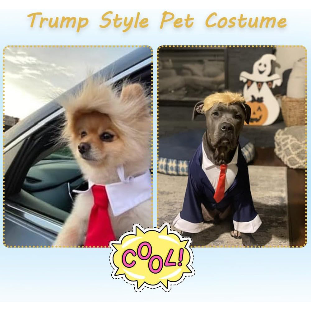Funny Pet Wig Costume with Collar & Tie – Hilarious Dog & Cat Outfit for Halloween