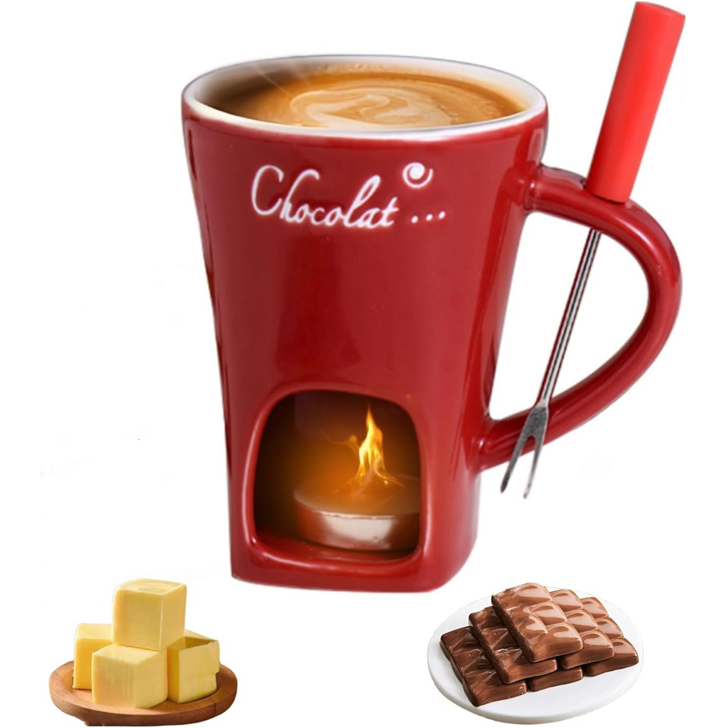 Chocolate Fondue Mug Set β Mini Ceramic Fondue Cup with Forks and Candle