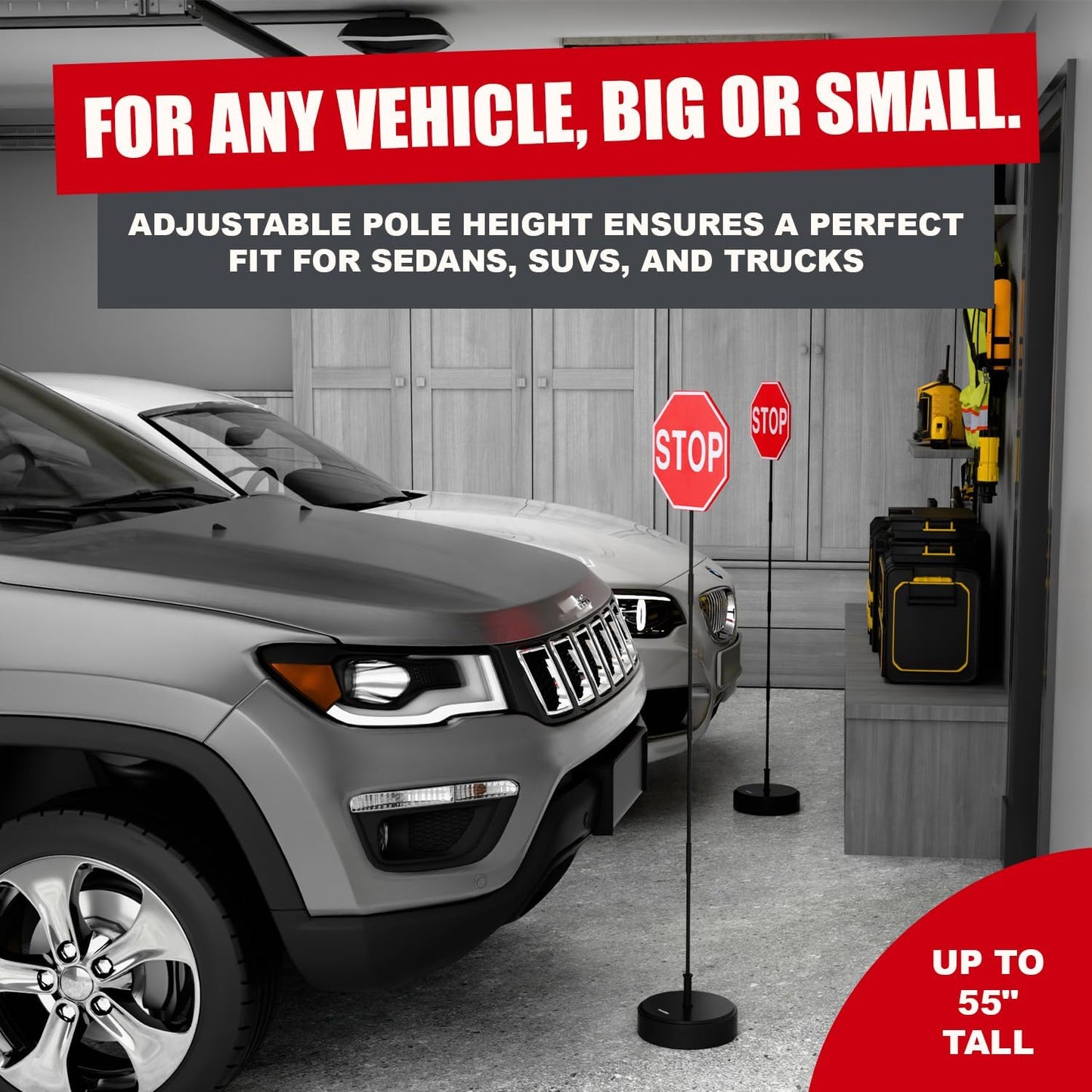 Garage Parking Aid with LED Stop Sign โ Adjustable Height Car Stopper & Assist Indicator