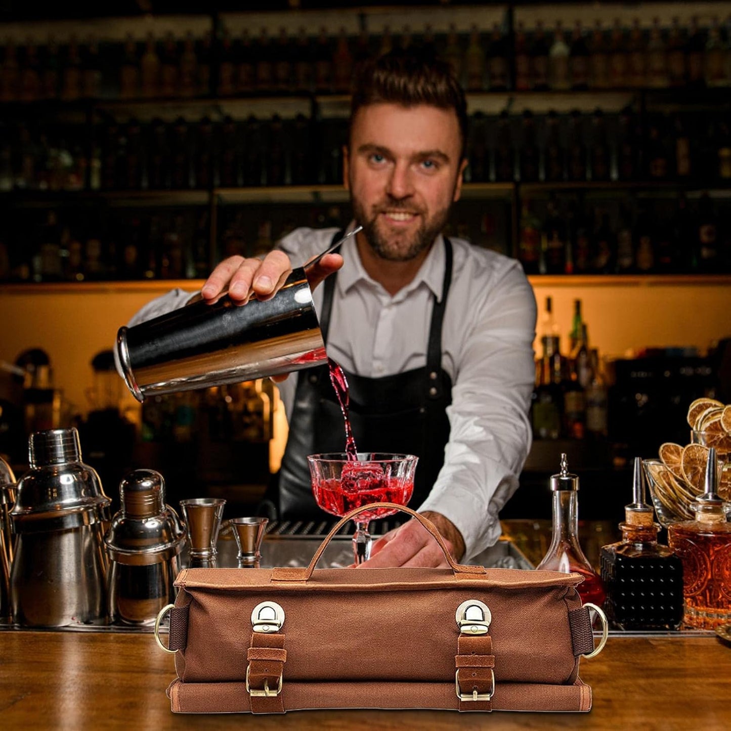 Bartender Travel Bag β Portable Canvas Barware Storage Roll Bag with Shoulder Strap