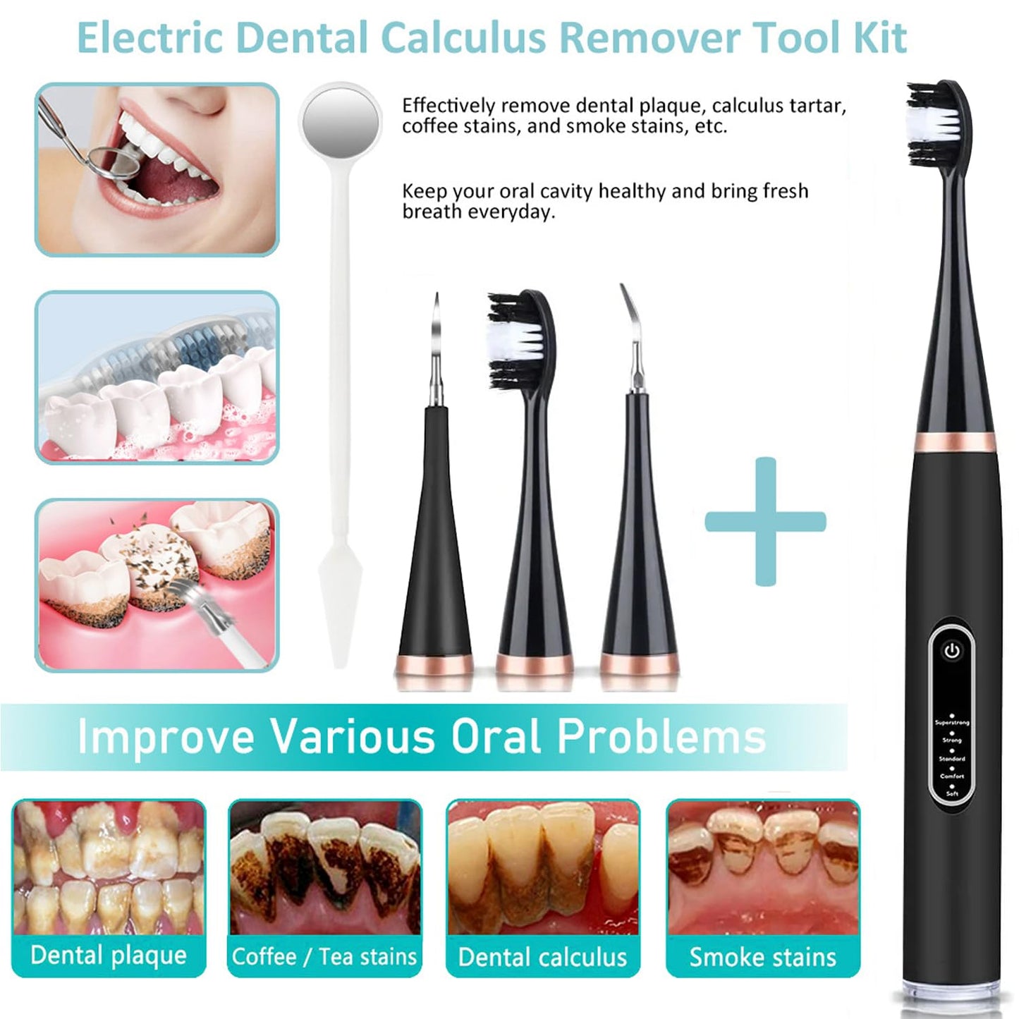 Dental Plaque & Tartar Remover with Mouth Mirror ā 5 Modes & 2 Replaceable Heads