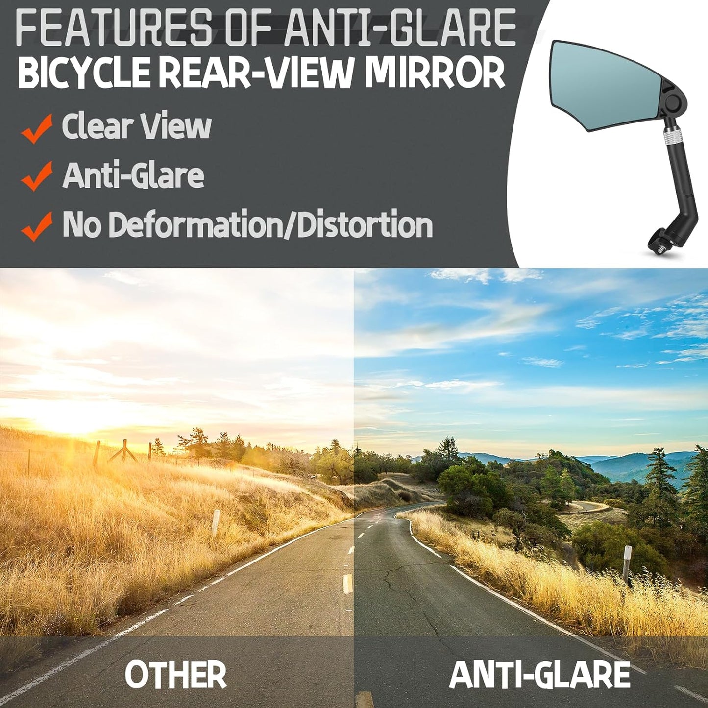 Anti-Glare Foldable Bike Mirror, Left Side 360° Adjustable (20–23mm)