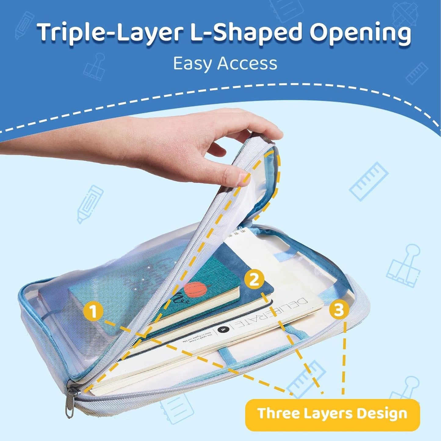 Zippered Mesh File Bag – Triple Layer L-Shaped Opening, A4 Size, with Label Area