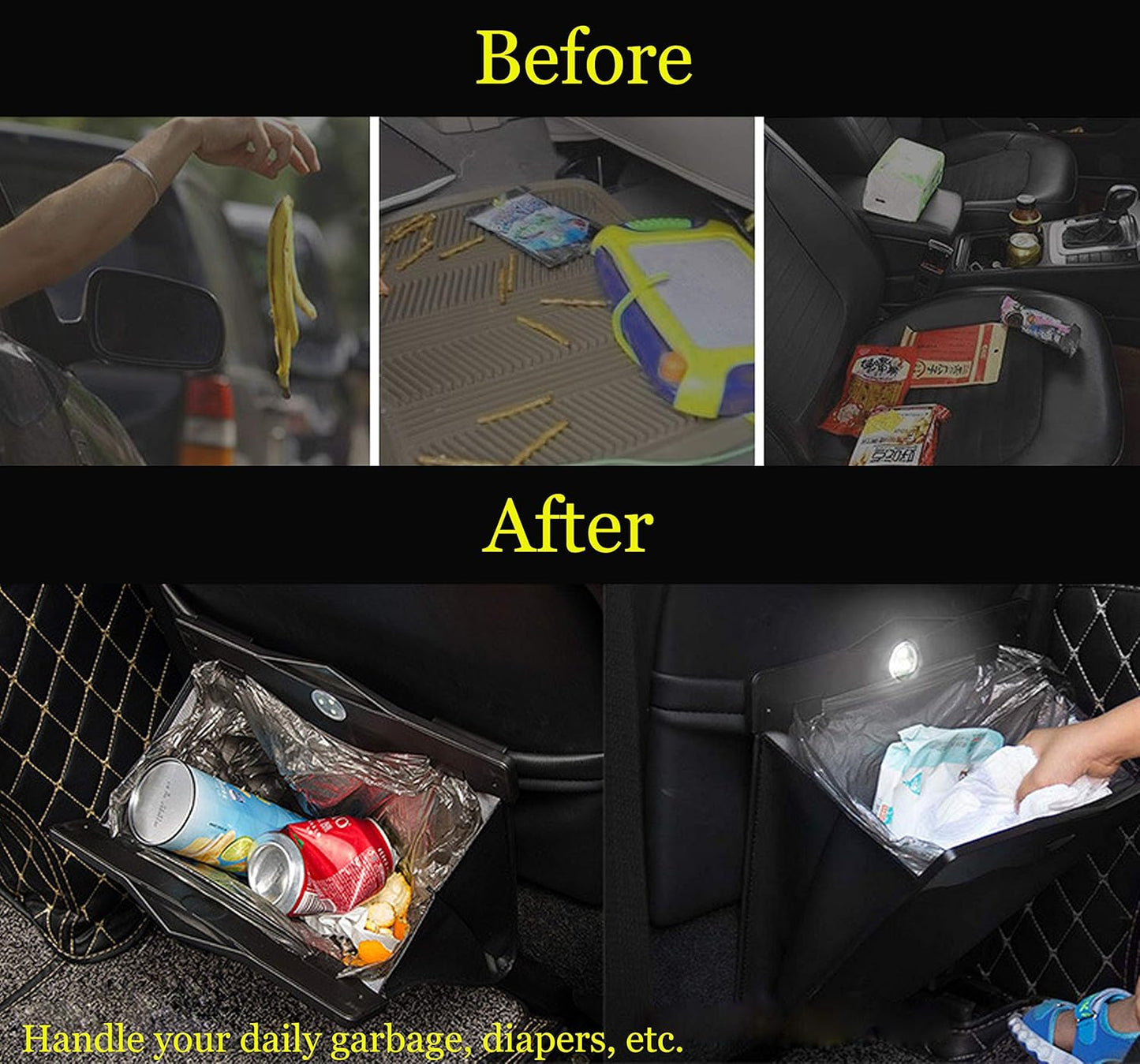 Car Trash Can with Smart LED | Luxury Leather Foldable Automotive Garbage Bin, Waterproof