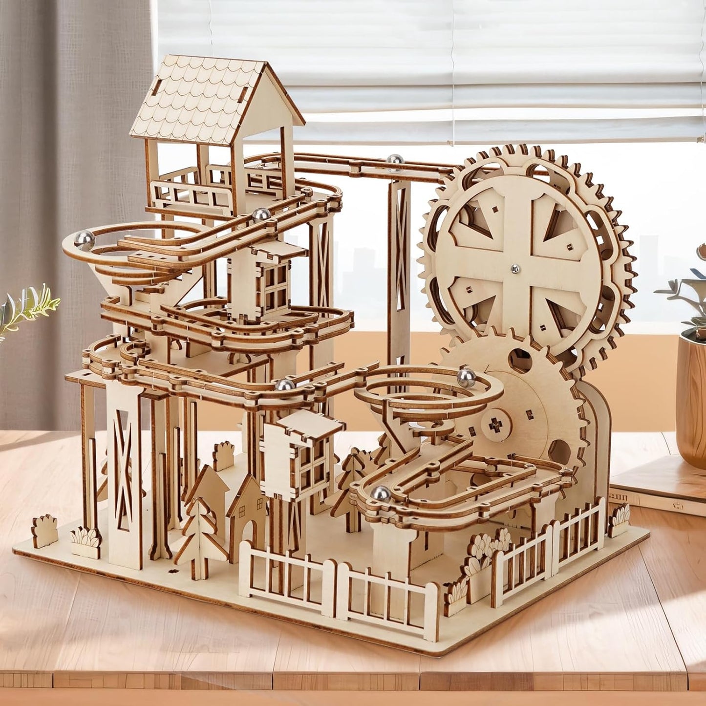 3D Wooden Puzzle Marble Run Set – DIY Mechanical Gear Model Kit for Adults