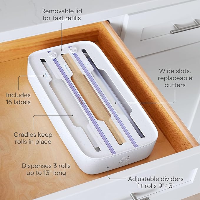 Plastic Wrap Dispenser β 3-in-1 Drawer Organizer | Fits Foil/Plastic Wrap/Parchment/Wax Paper | with Safe Cutters & Labels | Kitchen Storage Solution