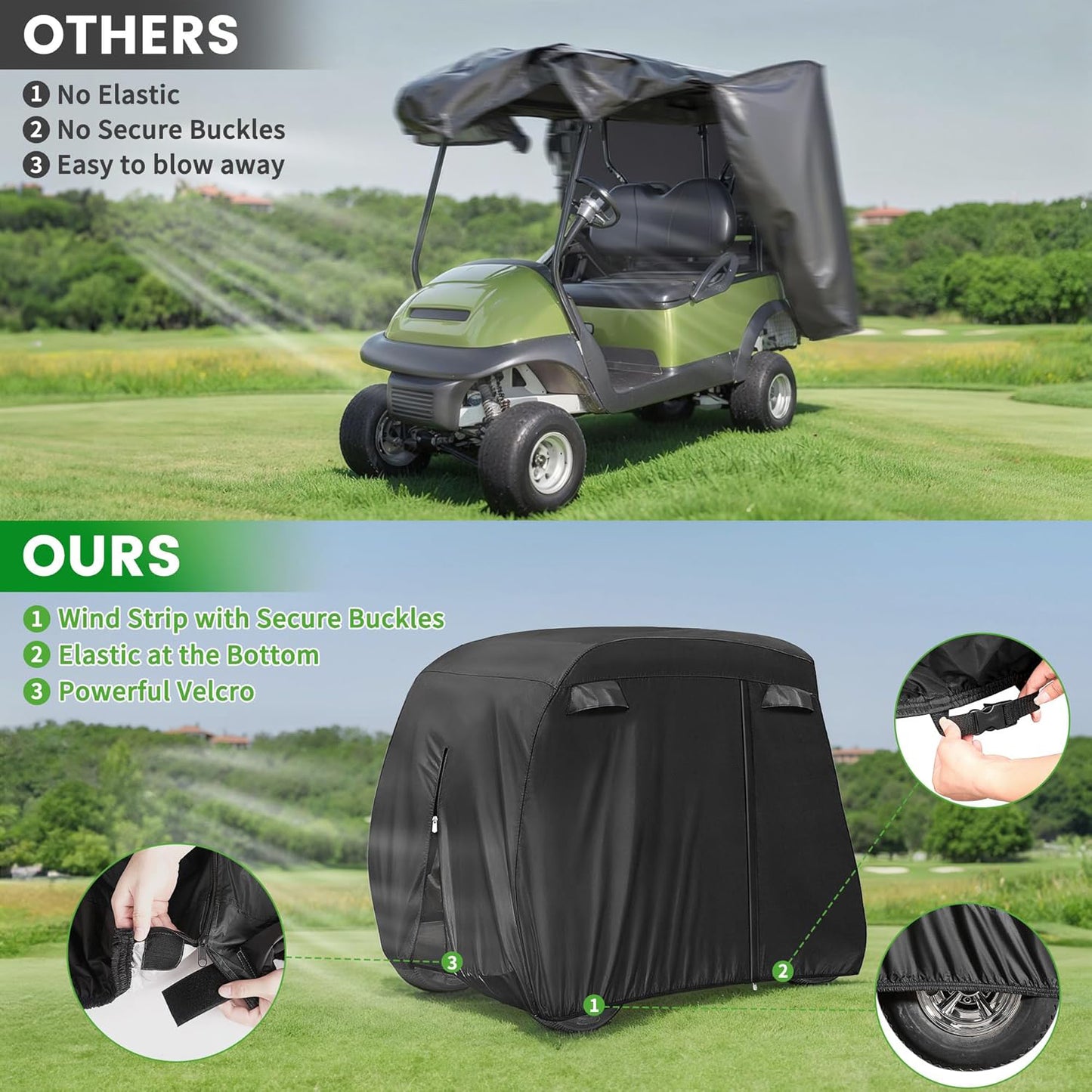 Passenger Golf Cart Cover – 420D Waterproof Durable Polyester with 3 Zipper Doors