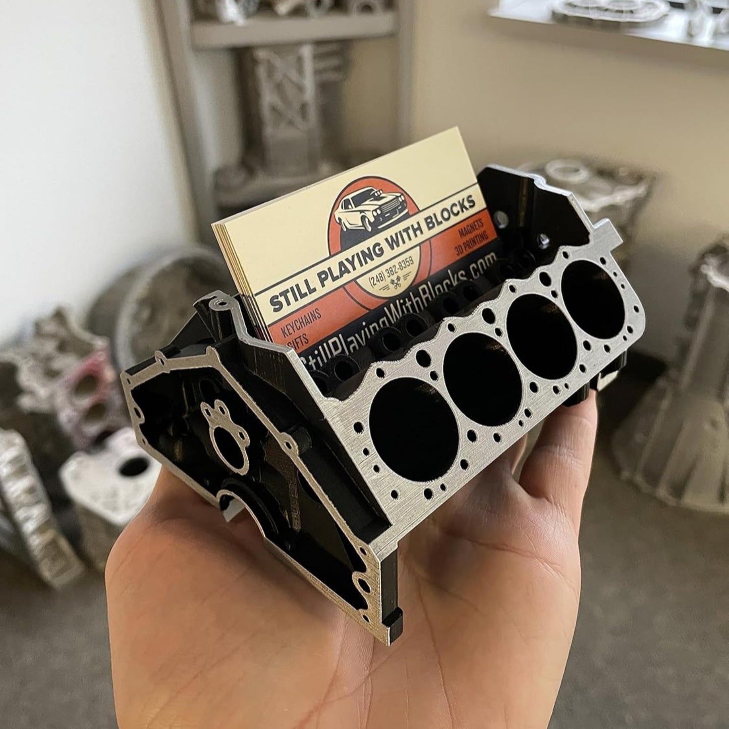 Big Block Chevy Business Card Holder – Unique Mini V8 Engine Desk Organizer