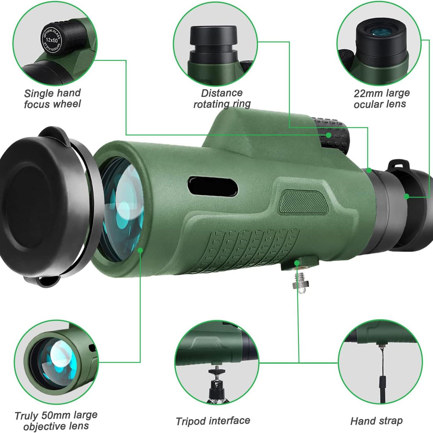 12x50 HD Monocular Telescope for Adults | with Smartphone Adapter, Tripod & Hand Strap