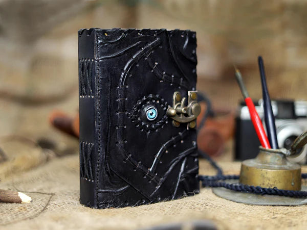 Vintage Spell Book Leather Journal – Third Eye Grimoire | Blank Handmade Notebook | Retro Lock