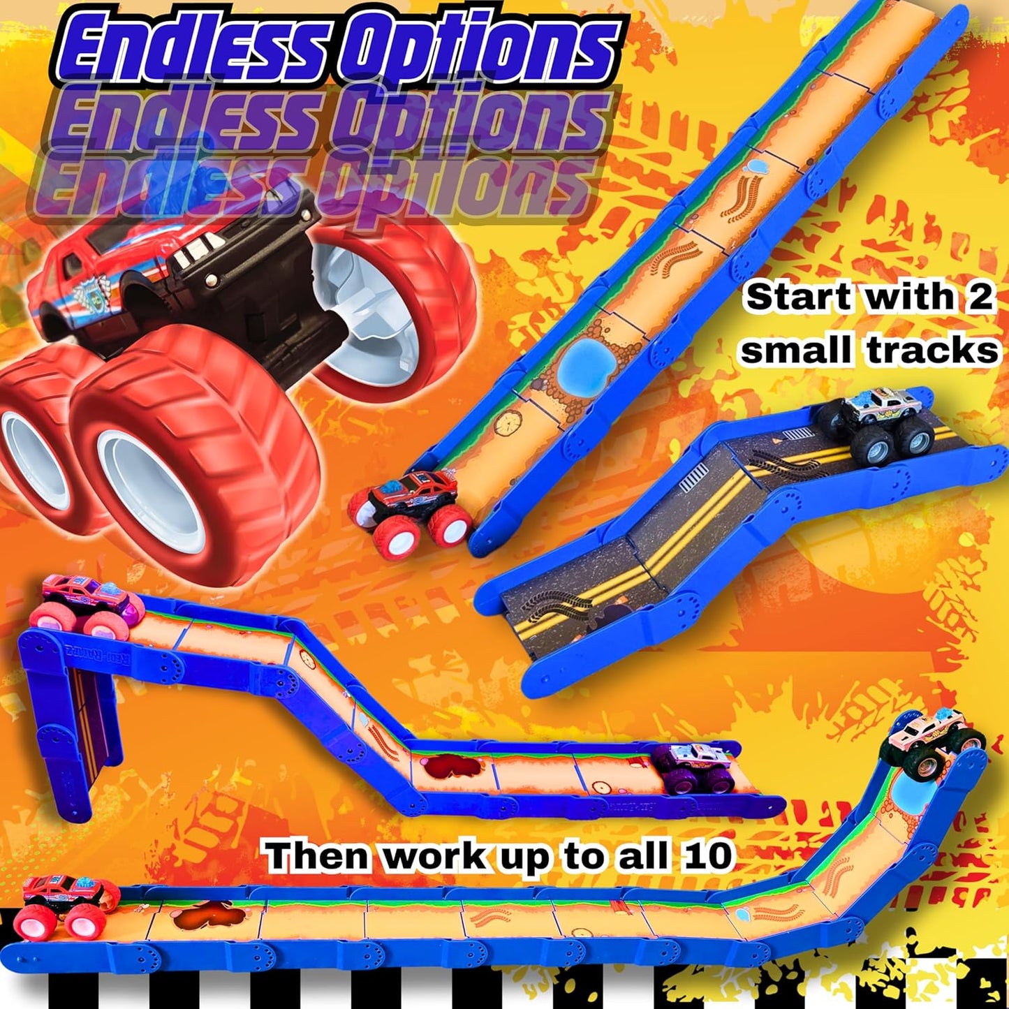 STEM Ramp Builder Set – 10 Adjustable Modular Track Pieces + 2 Monster Trucks