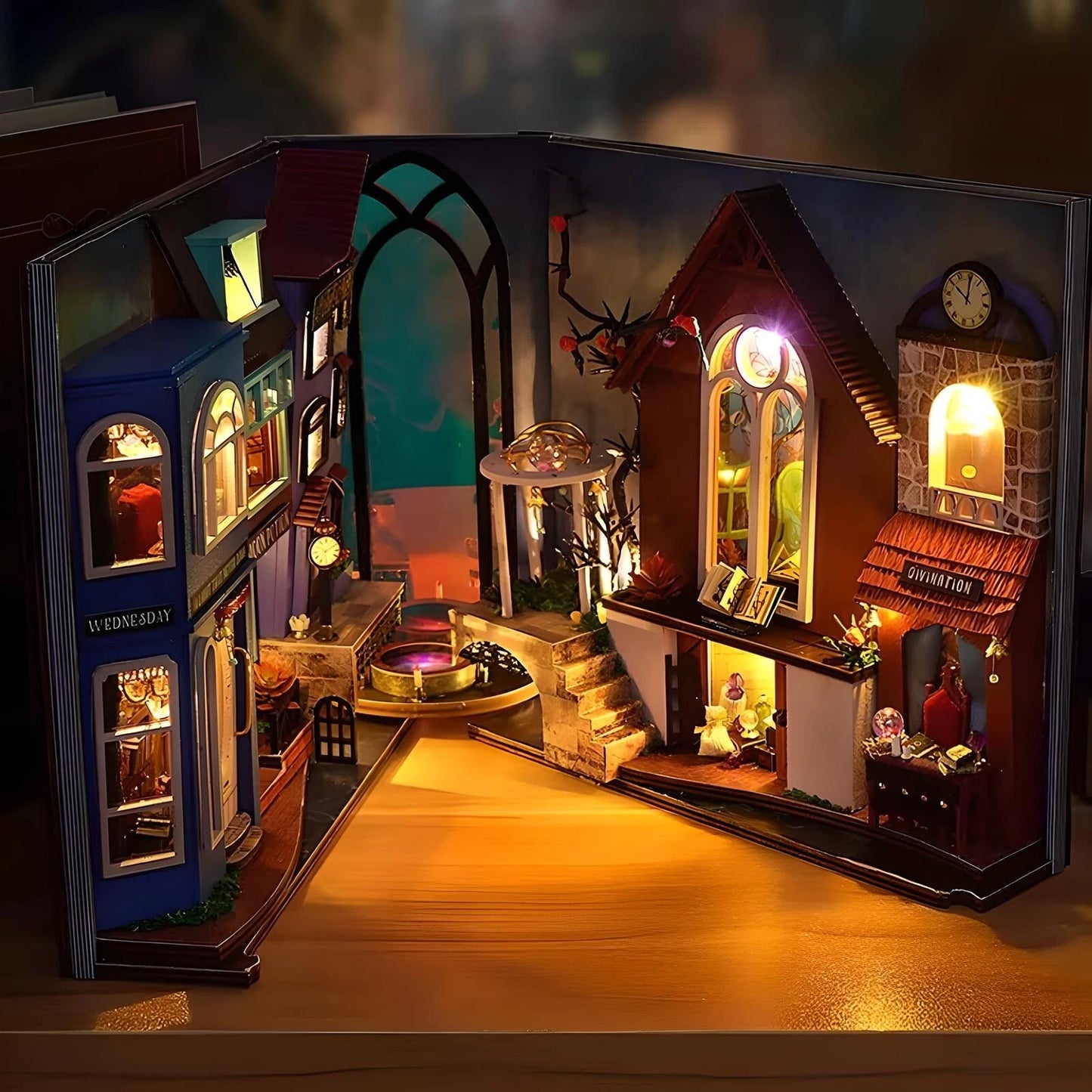 DIY Magic Spell Book Nook Kit – 3D Wooden Puzzle Bookshelf Insert with LED Lights & Miniature Furniture
