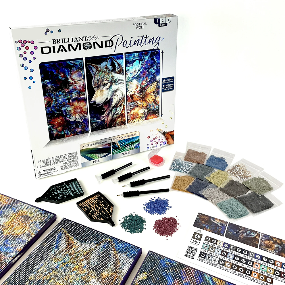 Mystic Wolf Diamond Painting Kit for Adults – Relaxing 3-Panel DIY Art Canvas Set