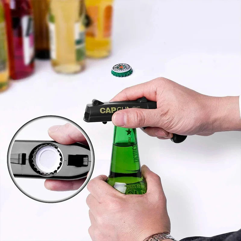 Toy Gun Bottle Opener – Bottle Cap Launcher(Opens & Launches Caps for Party Fun)