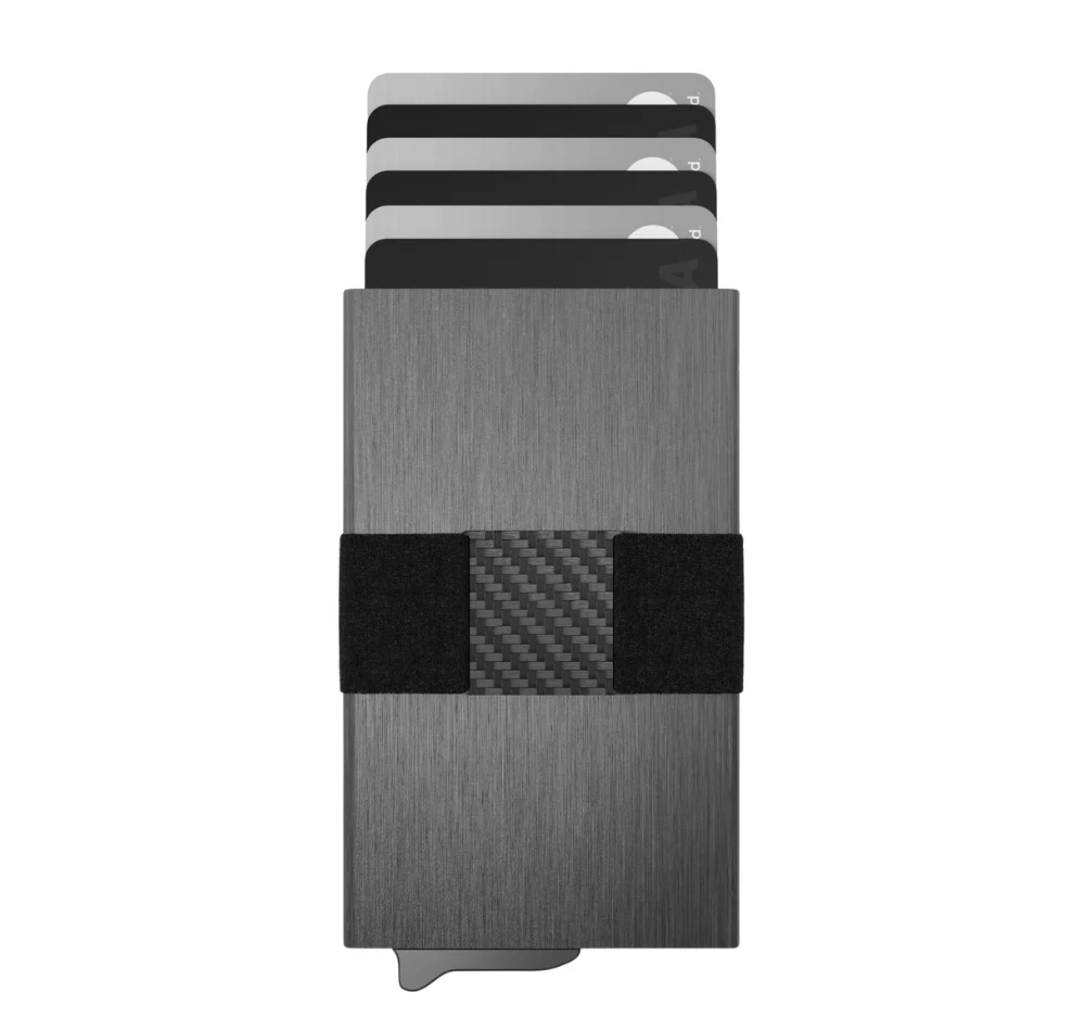 RFID Blocking Wallet – Slim Aluminum Card Holder with Carbon Fiber Cash Strap