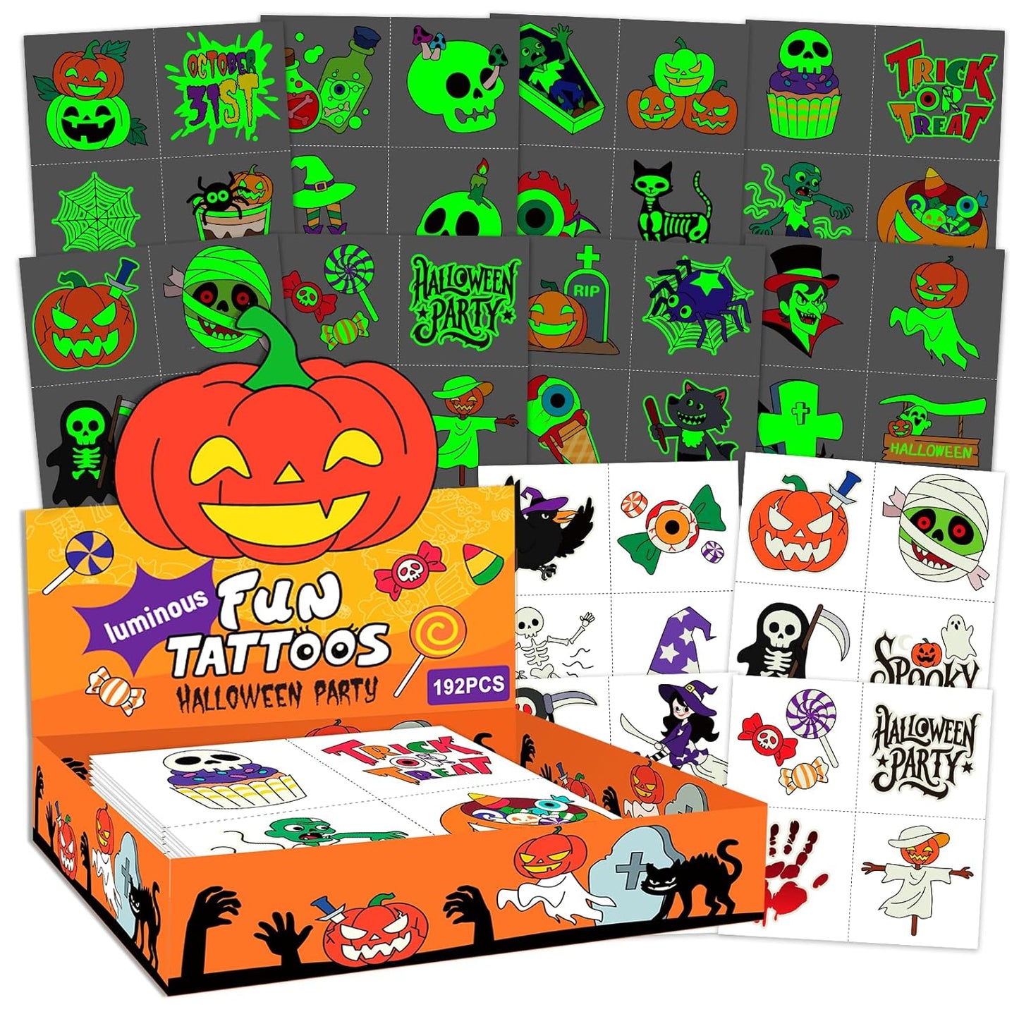 192 PCS Halloween Glow-in-the-Dark Temporary Tattoos for Kids – Party Decorations