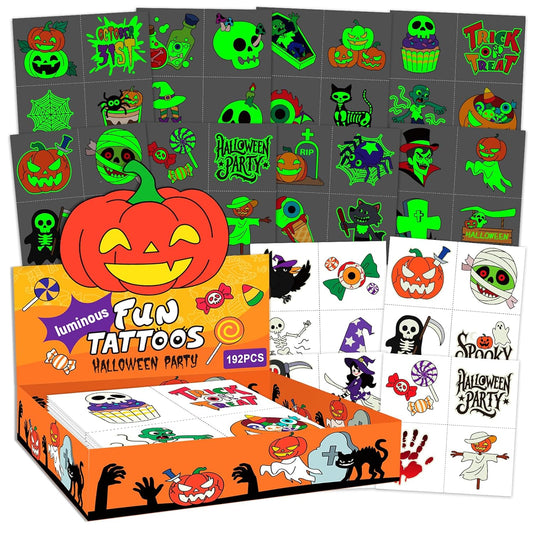 192 PCS Halloween Glow-in-the-Dark Temporary Tattoos for Kids – Party Decorations