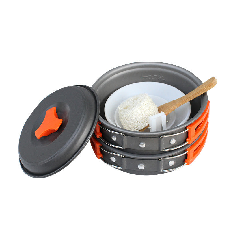 Camping Cookware Set – Portable 10-Piece Outdoor Cooking Kit | Non-Stick Pots, BPA-Free Bowls & Utensils, Wooden Spatula, Cleaning Sponge