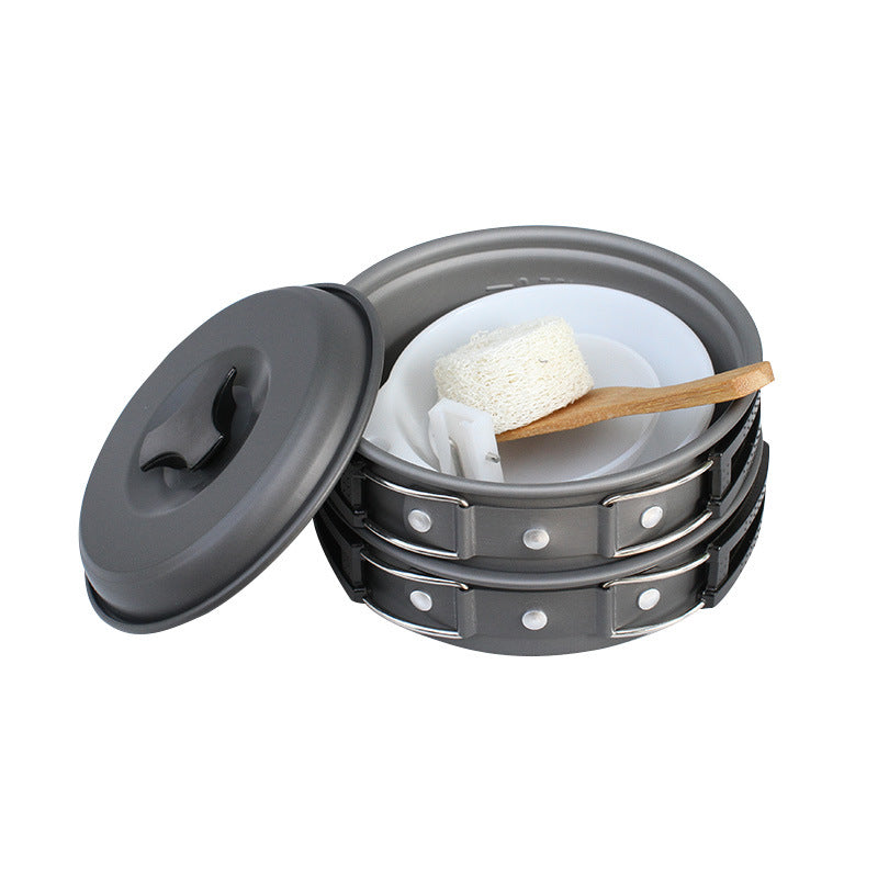 Camping Cookware Set – Portable 10-Piece Outdoor Cooking Kit | Non-Stick Pots, BPA-Free Bowls & Utensils, Wooden Spatula, Cleaning Sponge