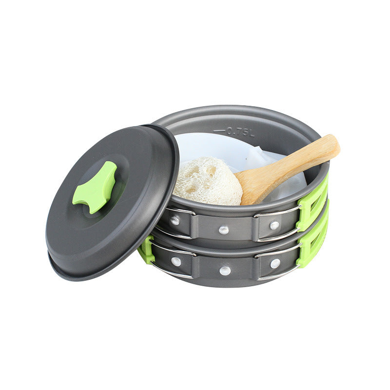 Camping Cookware Set – Portable 10-Piece Outdoor Cooking Kit | Non-Stick Pots, BPA-Free Bowls & Utensils, Wooden Spatula, Cleaning Sponge