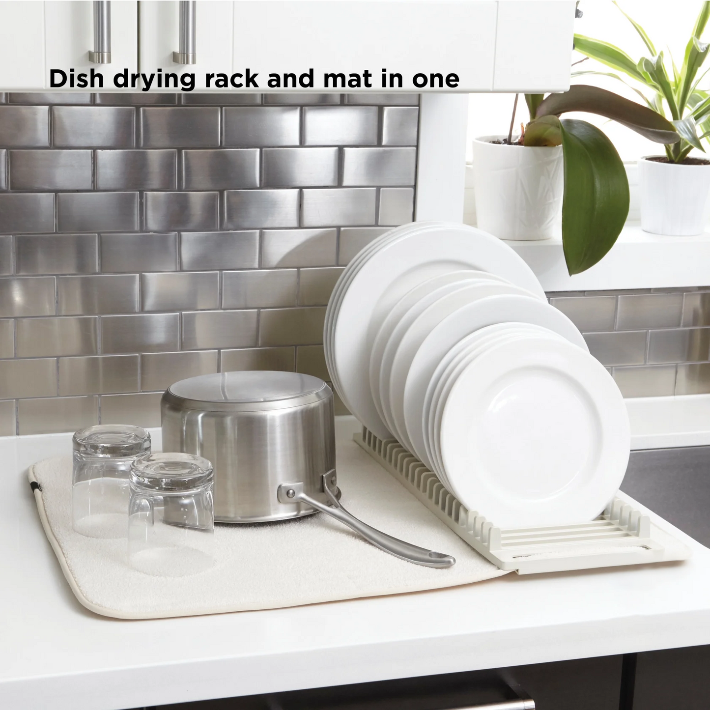 All-in-One Dish Drying Mat – Compact Kitchen Rack with Utensil Holder & Glass Stand