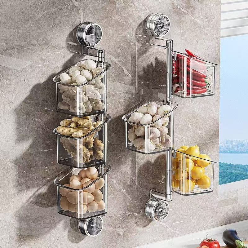 Suction Cup Rotating Storage Rack – 3-Tier Kitchen/Bathroom Organizer | Wall-Mounted No-Drill Storage Basket | Large Capacity with Drainage