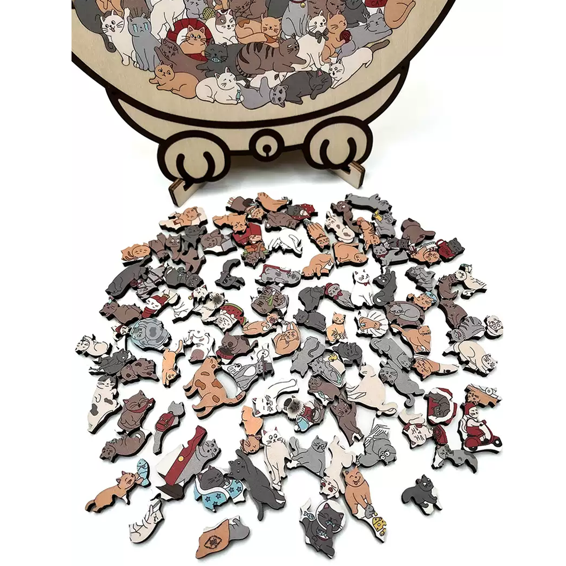 Cat-Shaped Wooden Puzzle 135 Pieces – Challenging Irregular Jigsaw with Frame & Elegant Morandi Colors