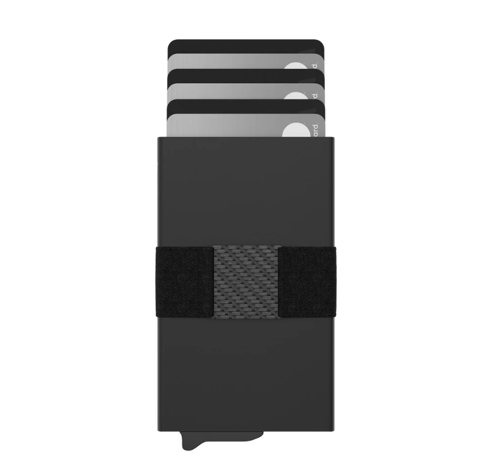 RFID Blocking Wallet – Slim Aluminum Card Holder with Carbon Fiber Cash Strap
