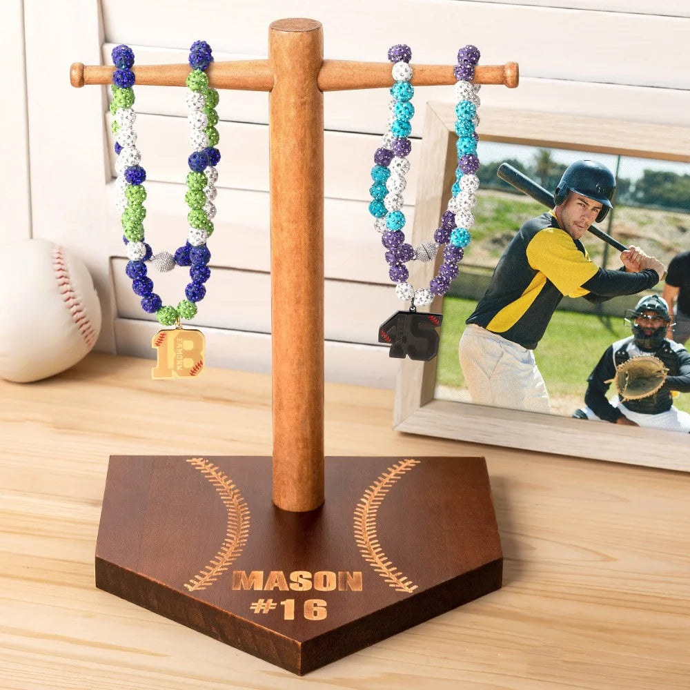 Custom Engraved Baseball & Softball Drip Necklace Display Stand – Wooden Stacking Ring & Necklace Organizer