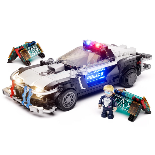 Police Patrol Car Light-Up Building Set – Cyberpunk City Chase Toy (372 Pieces, with Police Figure)