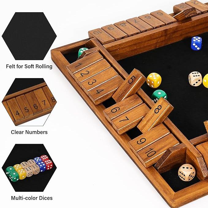 Shut the Box Wooden Dice Game – 1 to 4 Players | Math Strategy Tabletop Game with 8 Colored Dice & Storage Bag