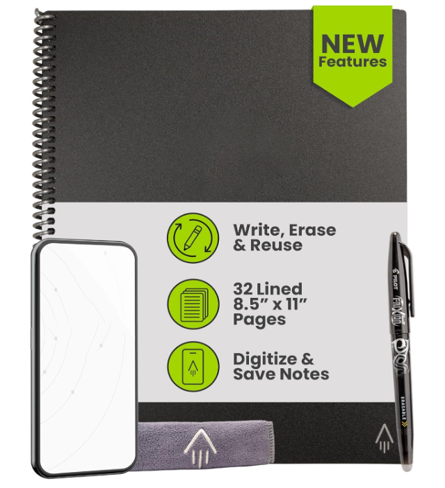 Reusable Spiral Notebook – Letter Size 8.5x11 | Black | Lined Pages | App-Connected & Erasable Design