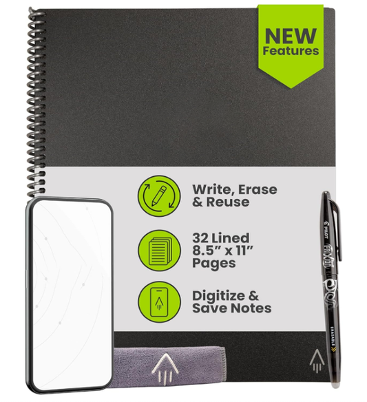 Reusable Spiral Notebook – Letter Size 8.5x11 | Black | Lined Pages | App-Connected & Erasable Design