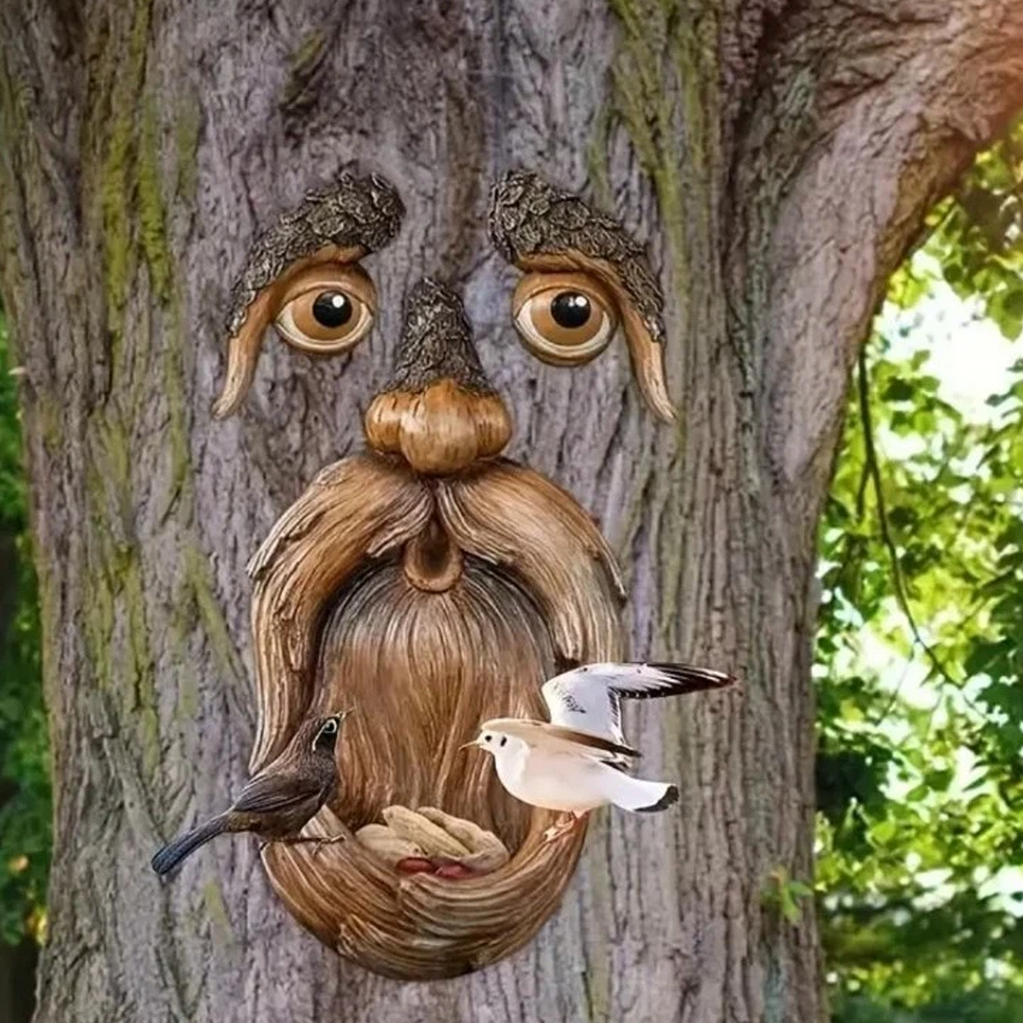 Old Man Tree Face Decor Outdoor, Tree Hugger Sculpture Bird Feeder
