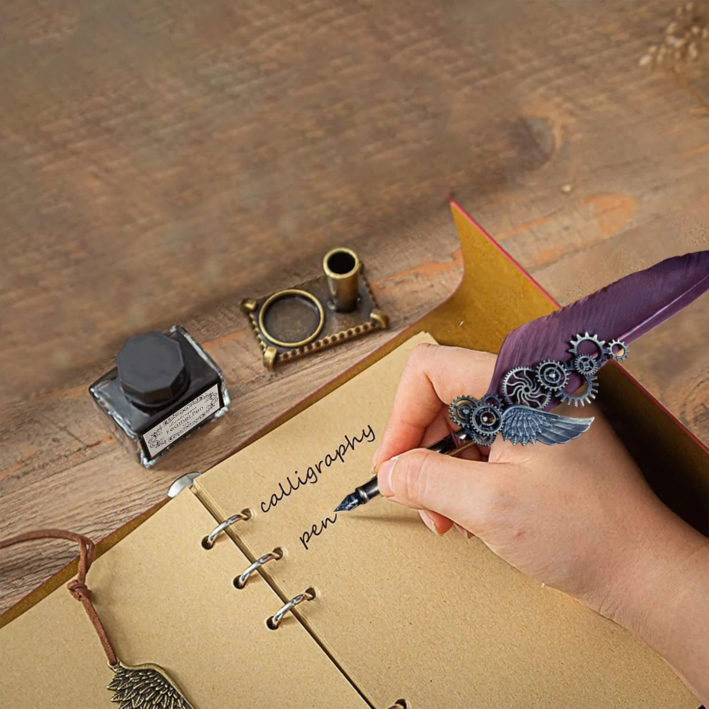 Vintage Feather Quill Pen Set – Steampunk Calligraphy Dip Pen Kit with Ink, Nibs & Pen Holder