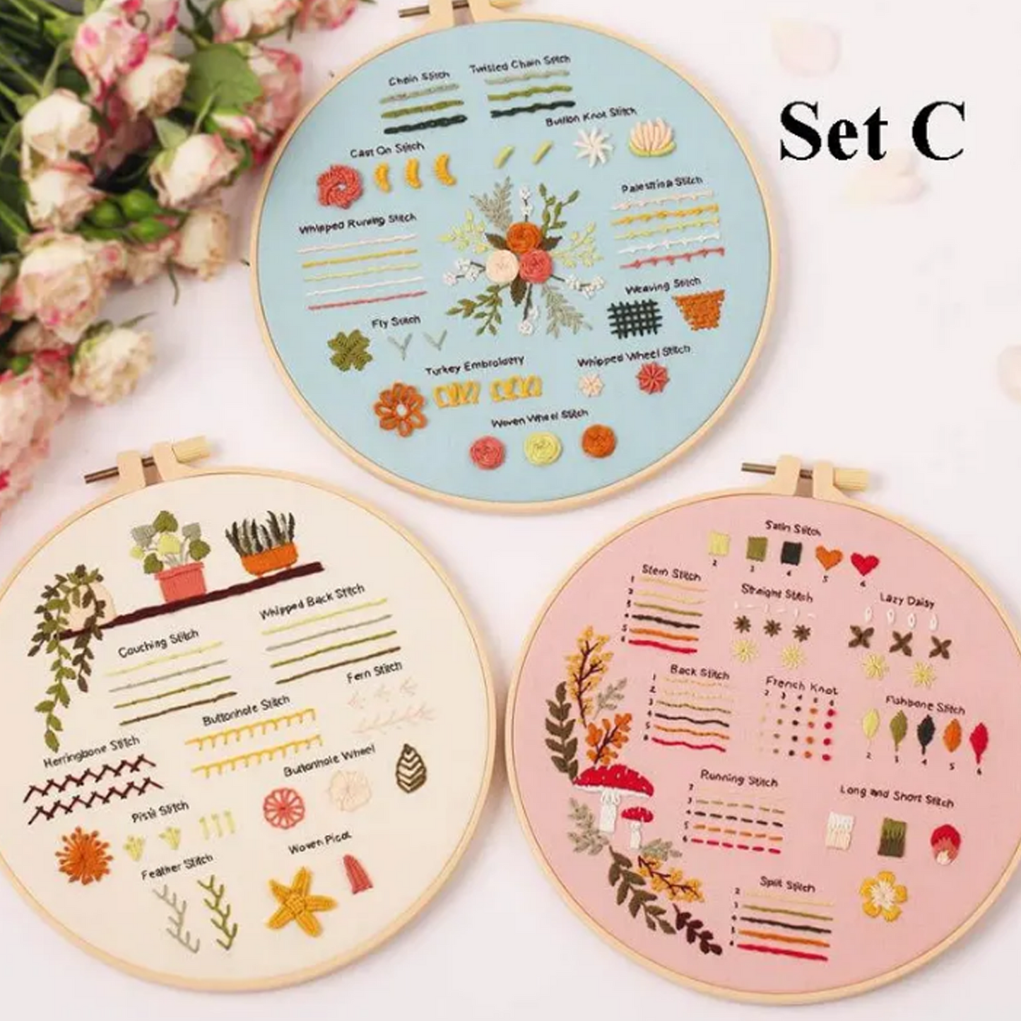 Beginner Embroidery Kit (Set of 3) – DIY Hand Embroidery & Cross Stitch Craft