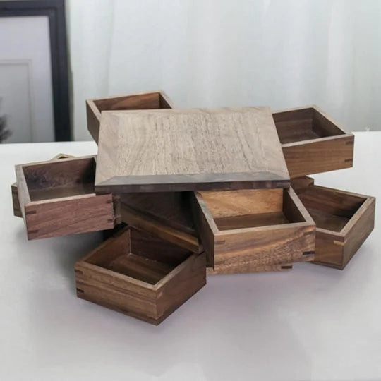 Rotating Wooden Snack Tray – Double-Layer 8-Compartment Storage Box for Candy, Nuts