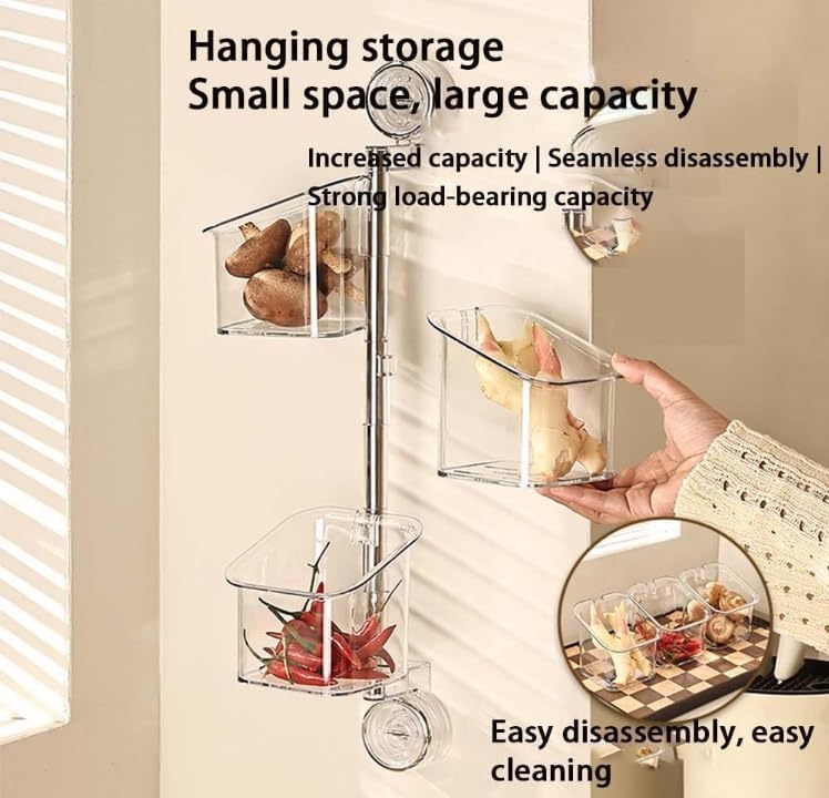 Suction Cup Rotating Storage Rack – 3-Tier Kitchen/Bathroom Organizer | Wall-Mounted No-Drill Storage Basket | Large Capacity with Drainage
