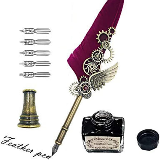 Vintage Feather Quill Pen Set – Steampunk Calligraphy Dip Pen Kit with Ink, Nibs & Pen Holder