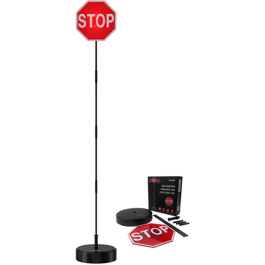 Garage Parking Aid with LED Stop Sign – Adjustable Height Car Stopper & Assist Indicator