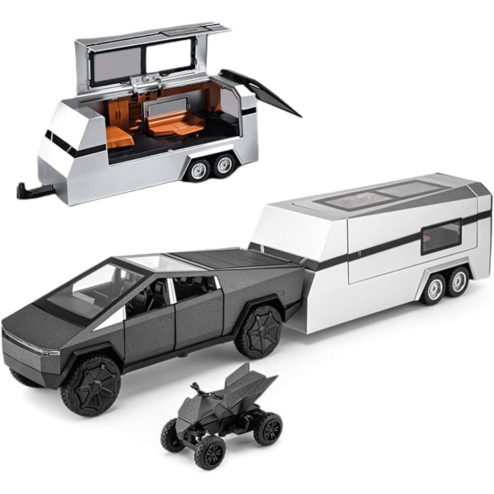 1/24 Scale Toy Pickup Truck Model with RV Motorcycle | Die-Cast Metal Truck with Lights
