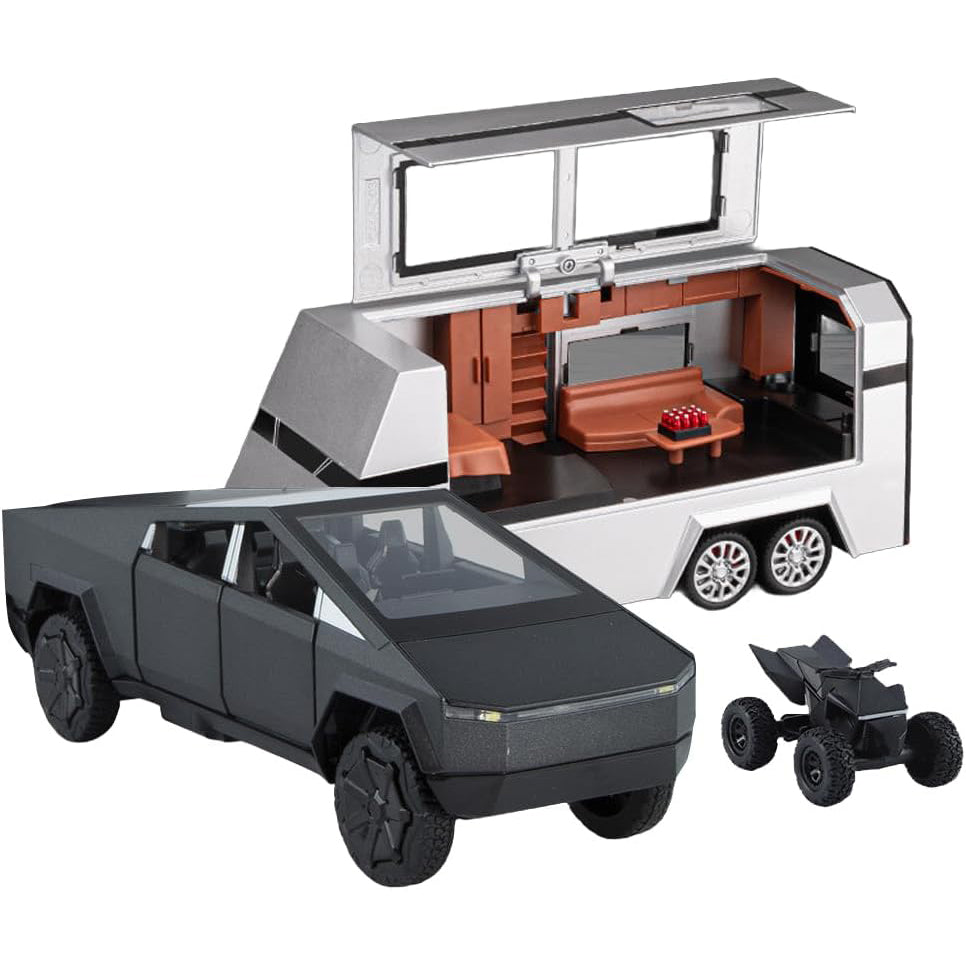 1/24 Scale Toy Pickup Truck Model with RV Motorcycle | Die-Cast Metal Truck with Lights