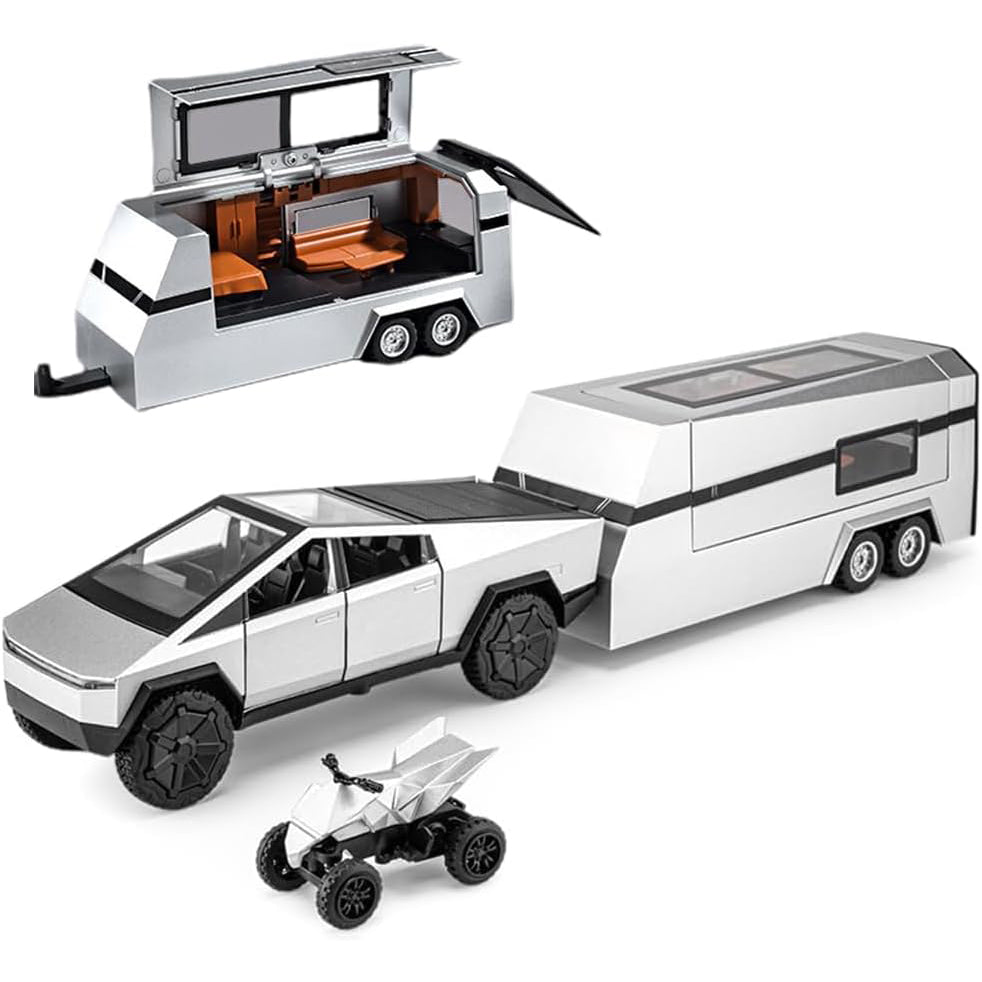 1/24 Scale Toy Pickup Truck Model with RV Motorcycle | Die-Cast Metal Truck with Lights