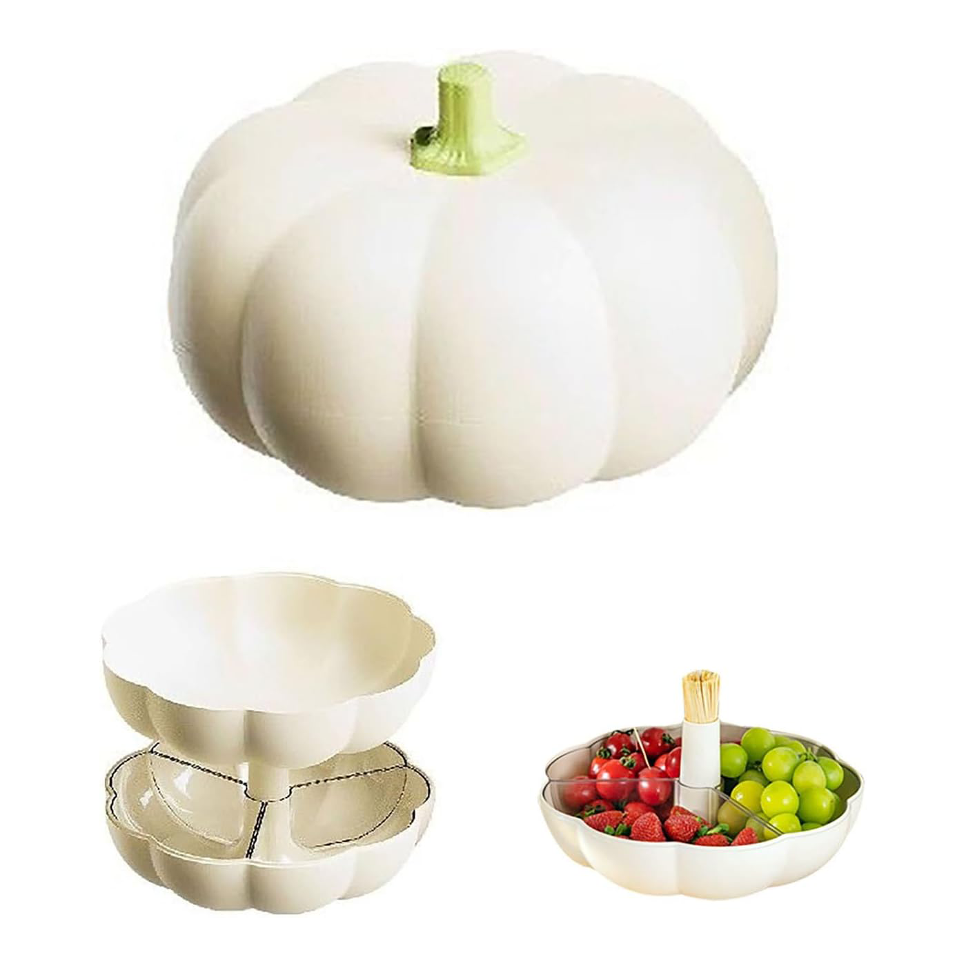 Pumpkin Snack Tray with Lid – Double-Layer Serving Container with 3 Compartments for Candy, Fruits