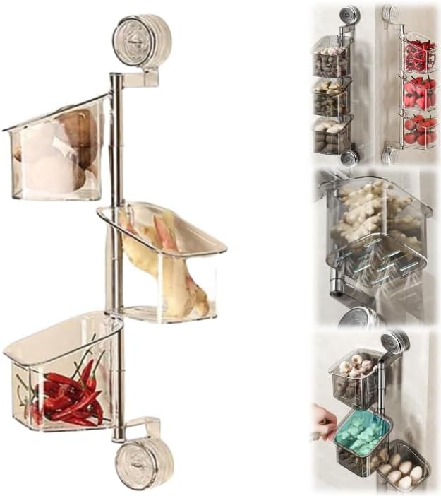 Suction Cup Rotating Storage Rack – 3-Tier Kitchen/Bathroom Organizer | Wall-Mounted No-Drill Storage Basket | Large Capacity with Drainage