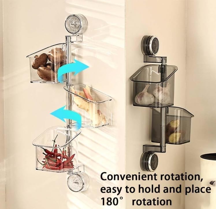 Suction Cup Rotating Storage Rack – 3-Tier Kitchen/Bathroom Organizer | Wall-Mounted No-Drill Storage Basket | Large Capacity with Drainage