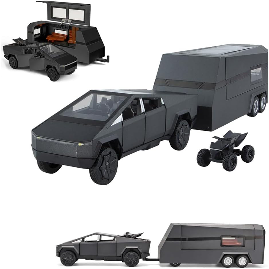 1/24 Scale Toy Pickup Truck Model with RV Motorcycle | Die-Cast Metal Truck with Lights