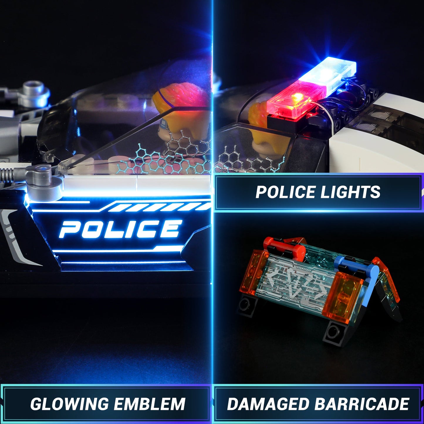 Police Patrol Car Light-Up Building Set – Cyberpunk City Chase Toy (372 Pieces, with Police Figure)